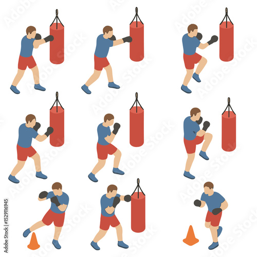 Punching Bag Techniques Icons. Isometric Flat icon set of punching bag training techniques: jab, cross, hook, uppercut, elbow