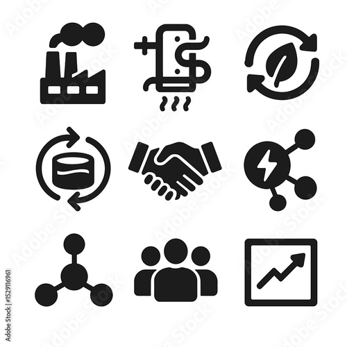 Industrial Symbiosis Icons. Solid, Filled icon set of industrial symbiosis: factory pipes, waste heat exchanger, nutrient loop