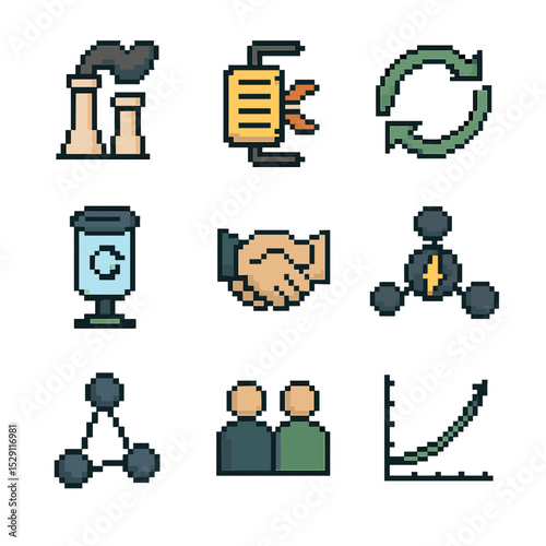 Industrial Symbiosis Icons. Pixel art icon set of industrial symbiosis: factory pipes, waste heat exchanger, nutrient loop arrows,
