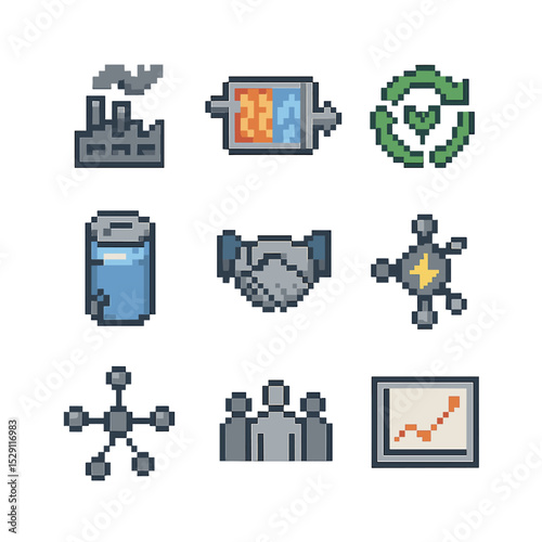 Industrial Symbiosis Icons. Pixel art icon set of industrial symbiosis: factory pipes, waste heat exchanger, nutrient loop arrows,