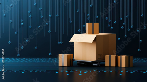 cardboard box with tape is partially open, surrounded by smaller boxes, set on a reflective surface with a dark, rain-themed background.