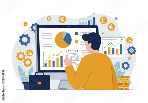 A focused vector illustration of a businessman analyzing financial data and charts on a computer, highlighting key elements of business and finance