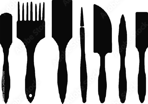 Black and White Silhouettes of Kitchen Tools: Spatulas, Brushes and Knives on White Background.
