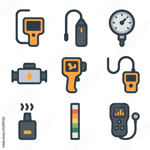 Inspection Tools Icons. Flat icon set of inspection and testing tools: inspection camera, leak detector, pressure gauge, flow