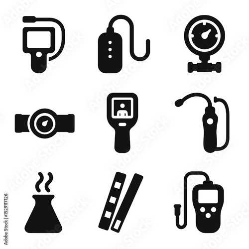 Inspection Tools Icons. Solid, Filled icon set of inspection and testing tools: inspection camera, leak detector, pressure gauge,