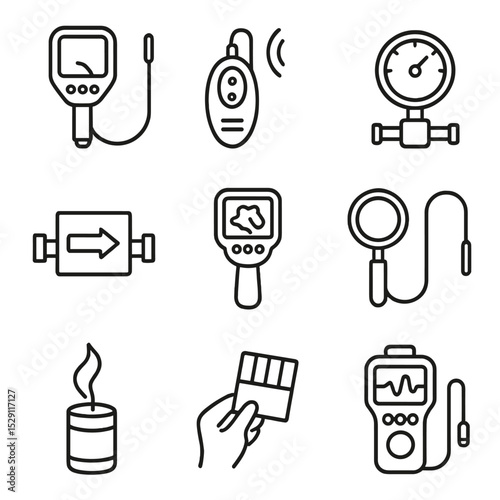 Inspection Tools Icons. Outline icon set of inspection and testing tools: inspection camera, leak detector, pressure gauge, flow