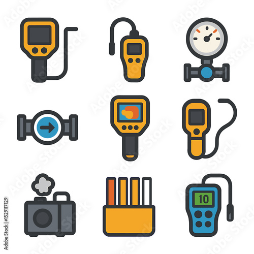 Inspection Tools Icons. Flat icon set of inspection and testing tools: inspection camera, leak detector, pressure gauge, flow