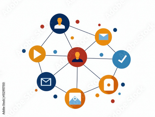 digital network illustration showing interconnected user icons and various communication symbols representing connectivity and information exchange.