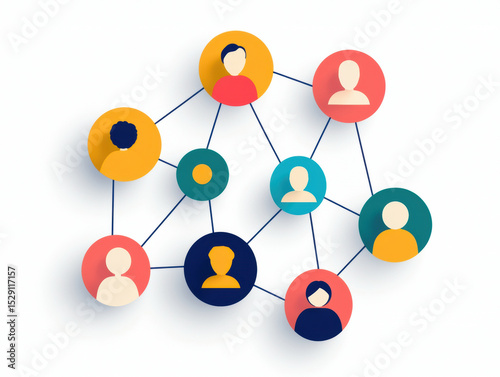  colorful abstract network of connected user icons representing social or professional connections.