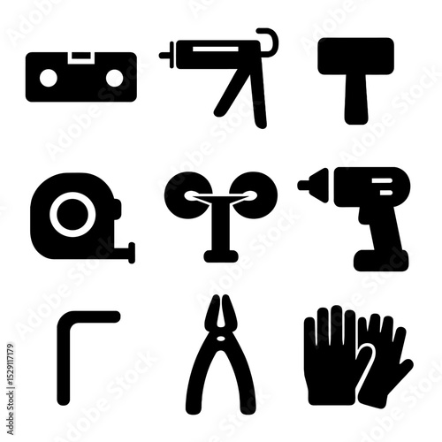 Installation Tools Icons. Solid, Filled icon set of installation tools: level, silicone gun, rubber mallet, tape measure, glass