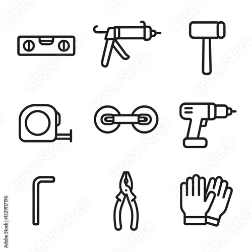 Installation Tools Icons. Outline icon set of installation tools: level, silicone gun, rubber mallet, tape measure, glass suction
