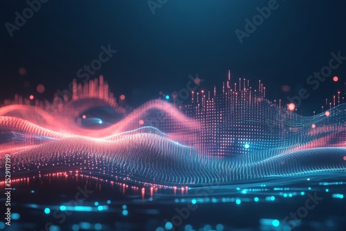 A futuristic digital landscape featuring glowing data points and waveforms in shades of blue and pink, representing technology and data flow.