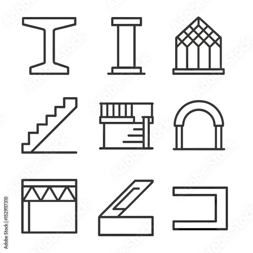 Interior Architecture Icons. Outline icon set of interior structural highlights: exposed beam, concrete column, glass atrium,