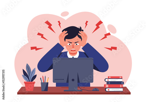 Frustrated flat vector illustration: A businessman or employee sits at his computer, holding his head in stress with lightning bolt effects, symbolizing burnout, pressure, and work overload