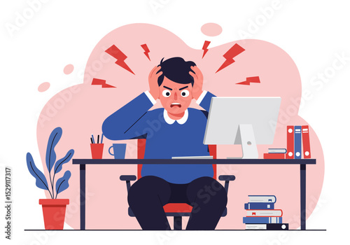 Frustrated flat vector illustration: A businessman or employee sits at his computer, holding his head in stress with lightning bolt effects, symbolizing burnout, pressure, and work overload