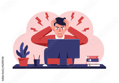 Frustrated flat vector illustration: A businessman or employee sits at his computer, holding his head in stress with lightning bolt effects, symbolizing burnout, pressure, and work overload