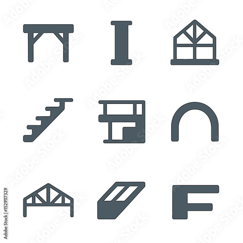 Interior Design Icons. Flat icon set of interior structural highlights: exposed beam, concrete column, glass atrium, floating