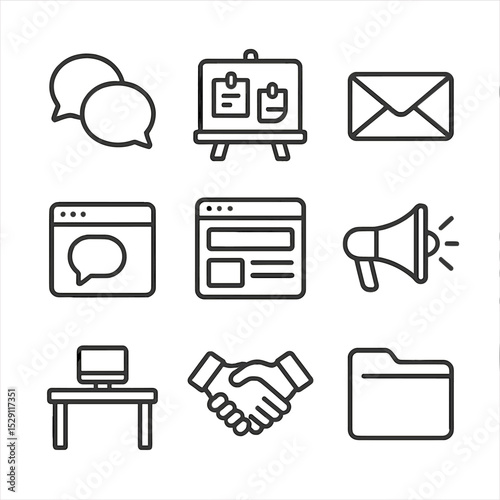 Internal Communication Icons. Outline icon set of internal communication: speech bubbles, bulletin board, email envelope, chat