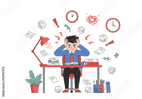Frustrated flat vector illustration: A businessman or employee sits at his computer, holding his head in stress with lightning bolt effects, symbolizing burnout, pressure, and work overload