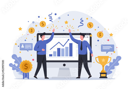 flat vector illustration: Two business partners celebrate success with raised hands, financial growth charts on screen, gold coins, a trophy, and confetti. Achievement and teamwork