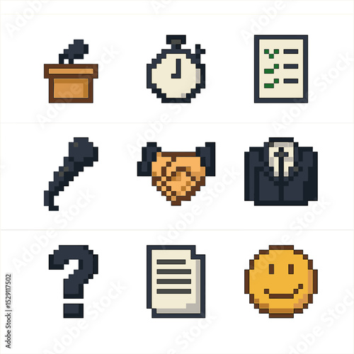 Interview Prep Icons. Pixel art icon set of interview preparation: podium, timer, checklist, microphone, handshake, suit, question
