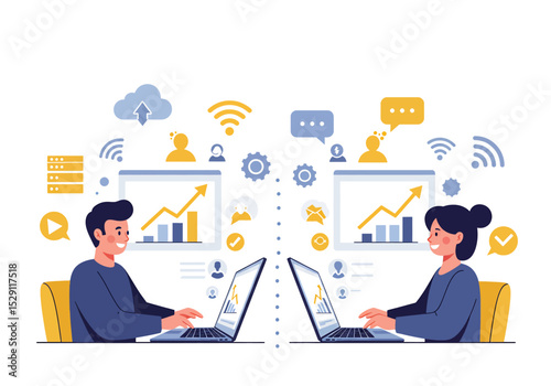 Dynamic flat vector illustration: Two professionals independently work on laptops, showcasing online task management, communication, and financial growth with charts and speech bubbles