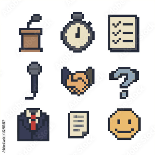 Interview Prep Icons. Pixel art icon set of interview preparation: podium, timer, checklist, microphone, handshake, suit, question