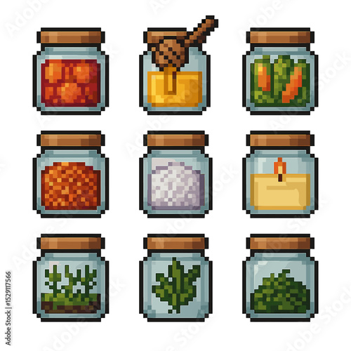 Jar Content Icons. Pixel art icon set of jar contents: fruit preserves, honey drizzle, pickled vegetables, spice blend, bath salts