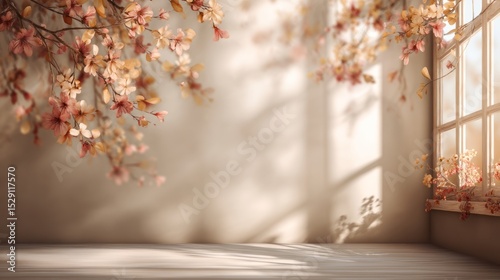 Room interior with light streaming through window and floral branches hanging above.