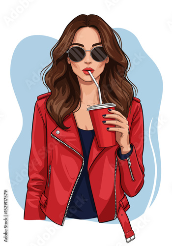 Trendy flat vector illustration: A stylish woman with wavy brown hair and sunglasses sips from a red cup with a straw, wearing a leather jacket. Casual and cool fashion