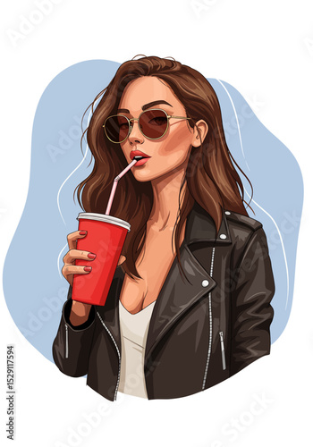 Trendy flat vector illustration: A stylish woman with wavy brown hair and sunglasses sips from a red cup with a straw, wearing a leather jacket. Casual and cool fashion