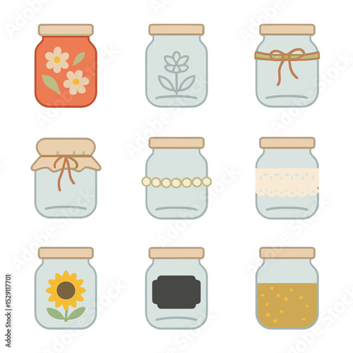 Jar Decoration Techniques. Flat icon set of jar decoration techniques: painted jar, etched glass, twine wrap, fabric cover, pearl