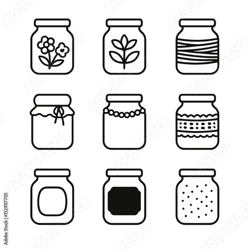 Jar Decoration Icons. Outline icon set of jar decoration techniques: painted jar, etched glass, twine wrap, fabric cover, pearl