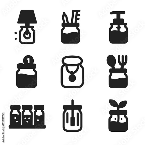 Jar DIY Icon Set. Solid, Filled icon set of jar DIY projects: upcycled lamp jar, pencil holder, soap dispenser, coin bank, jewelry