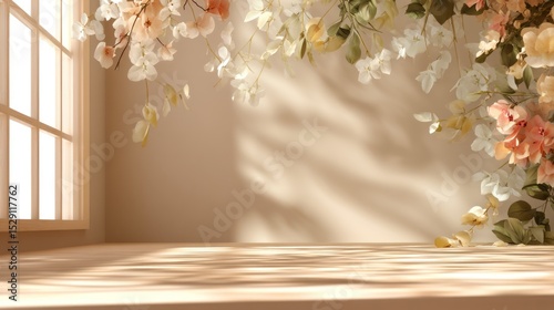 Interior scene with flowers window light and a wooden surface.