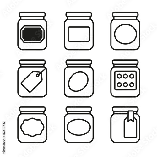 Jar Label Icon Set. Outline icon set of jar labeling styles: chalkboard label, adhesive label, embossed glass label, hand-lettered