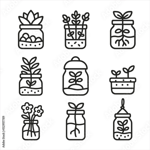 Jar Gardening Icons. Outline icon set of jar gardening ideas: succulent planter, herb garden jar, hydroponic jar, spice herb jar,