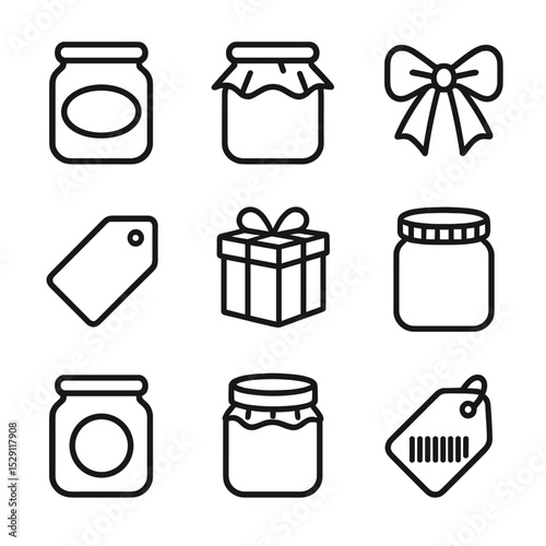 Jar Packaging Icons. Outline icon set of jar packaging elements: label sticker, kraft paper wrap, ribbon bow, hang tag, gift box,