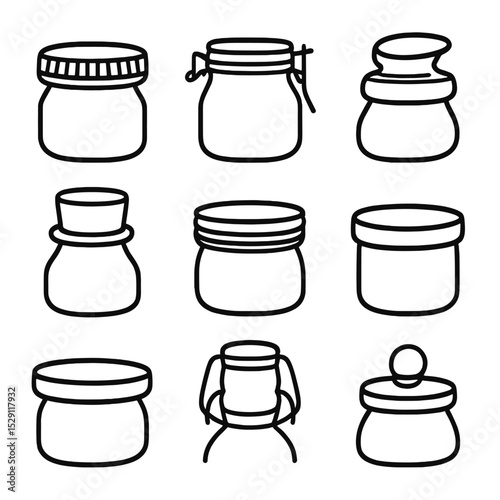 Jar Lid Icons. Outline icon set of jar lid styles: screw cap, clamp lid, flip-top lid, cork stopper, metal screw lid, bamboo lid,