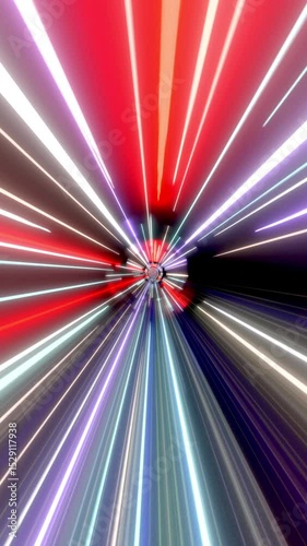Moving forward inside rotating science fiction tunnel with many violet, blue, red and white light streaks - great for topics like hyperspace, time travel or teleportation.