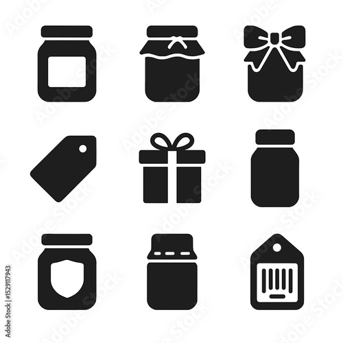 Jar Packaging Icons. Solid, Filled icon set of jar packaging elements: label sticker, kraft paper wrap, ribbon bow, hang tag, gift