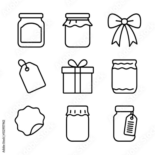 Jar Packaging Icons. Outline icon set of jar packaging elements: label sticker, kraft paper wrap, ribbon bow, hang tag, gift box,