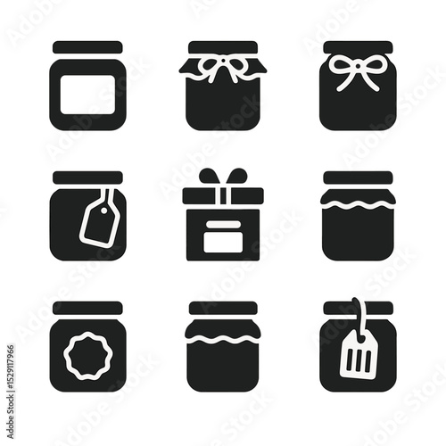 Jar Packaging Icons. Solid, Filled icon set of jar packaging elements: label sticker, kraft paper wrap, ribbon bow, hang tag, gift