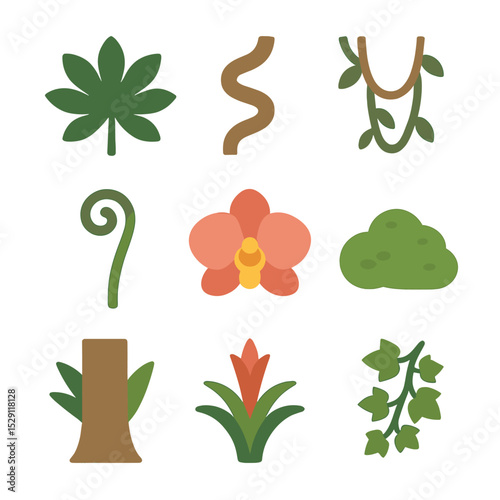Jungle Plant Icons. Flat icon set of jungle foliage elements: broad leaf palm, twisting vine, hanging liana, orchid bloom, fist