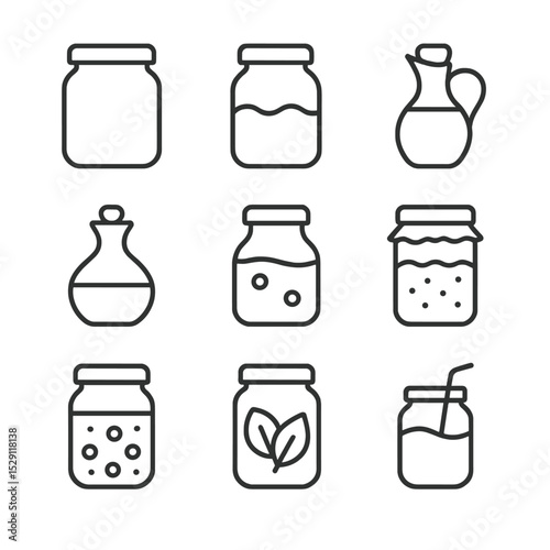 Kitchen Jar Icons. Outline icon set of kitchen jar uses: storage jar, fermenting jar, oil cruet, vinegar jar, sauce jar, yogurt