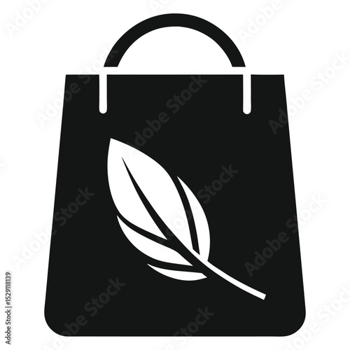 Eco friendly shopping bag icon black and white, green leaves, an icon of business and travel design