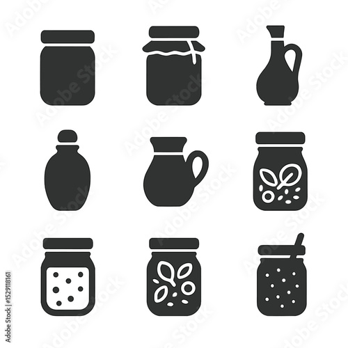 Kitchen Jar Icons. Flat icon set of kitchen jar uses: storage jar, fermenting jar, oil cruet, vinegar jar, sauce jar, yogurt jar,