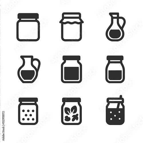 Kitchen Jar Icons. Flat icon set of kitchen jar uses: storage jar, fermenting jar, oil cruet, vinegar jar, sauce jar, yogurt jar,