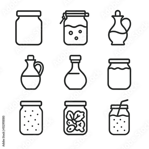 Kitchen Jar Icons. Outline icon set of kitchen jar uses: storage jar, fermenting jar, oil cruet, vinegar jar, sauce jar, yogurt