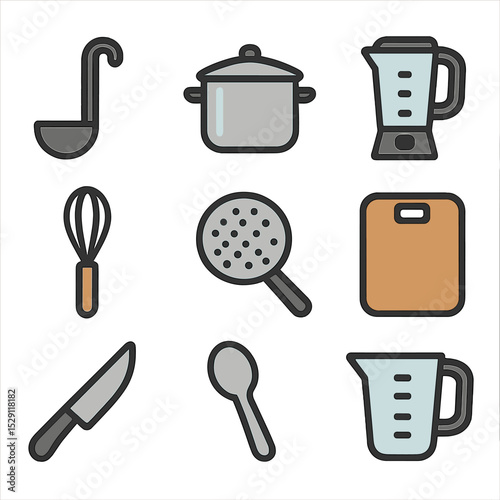 Kitchen Utensil Icons. Flat icon set of kitchen utensils: ladle, soup pot, blender, whisk, strainer, chopping board, chef’s knife,